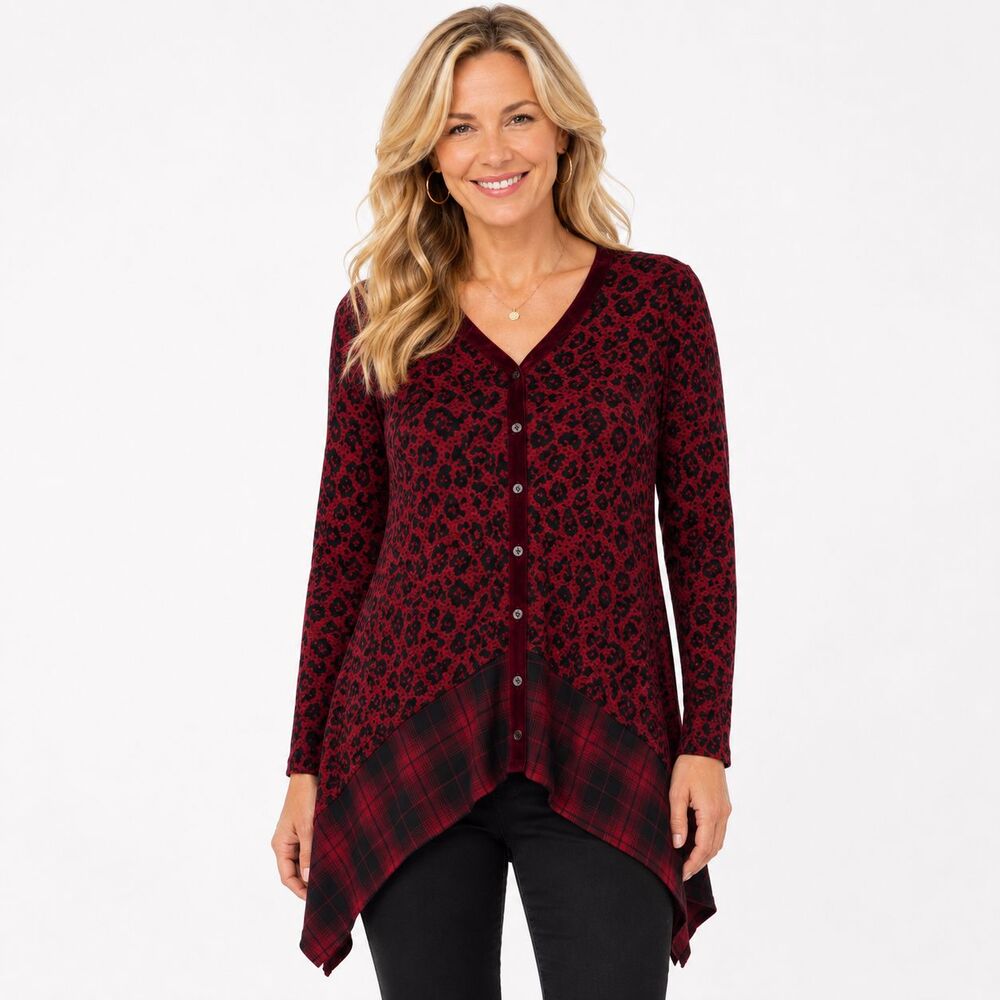 Energie World Wear Women's XL Burgundy Leopard Cardigan Tunic Sharkbite Hem Boho